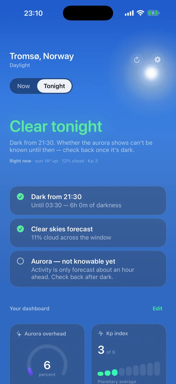 Blika during daylight, showing the Tonight forecast and the upcoming dark and clear window.