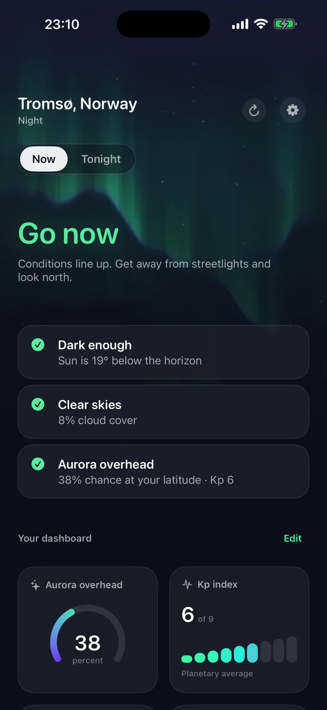 Blika’s iPhone app showing Go now in Tromsø, with three clear reasons to head outside.